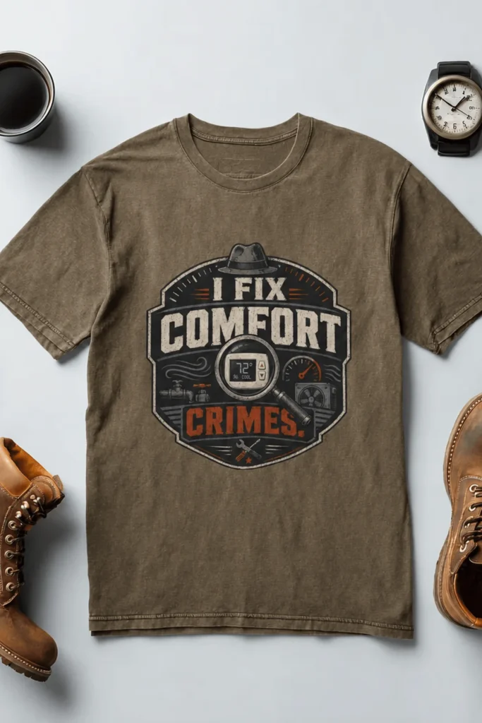Funny HVAC Tech Tee "I Fix Comfort Crimes" — Furnace and Air Tech Work Tee — heather-olive t-shirt, flat-lay product photo | Pressure Tested Co