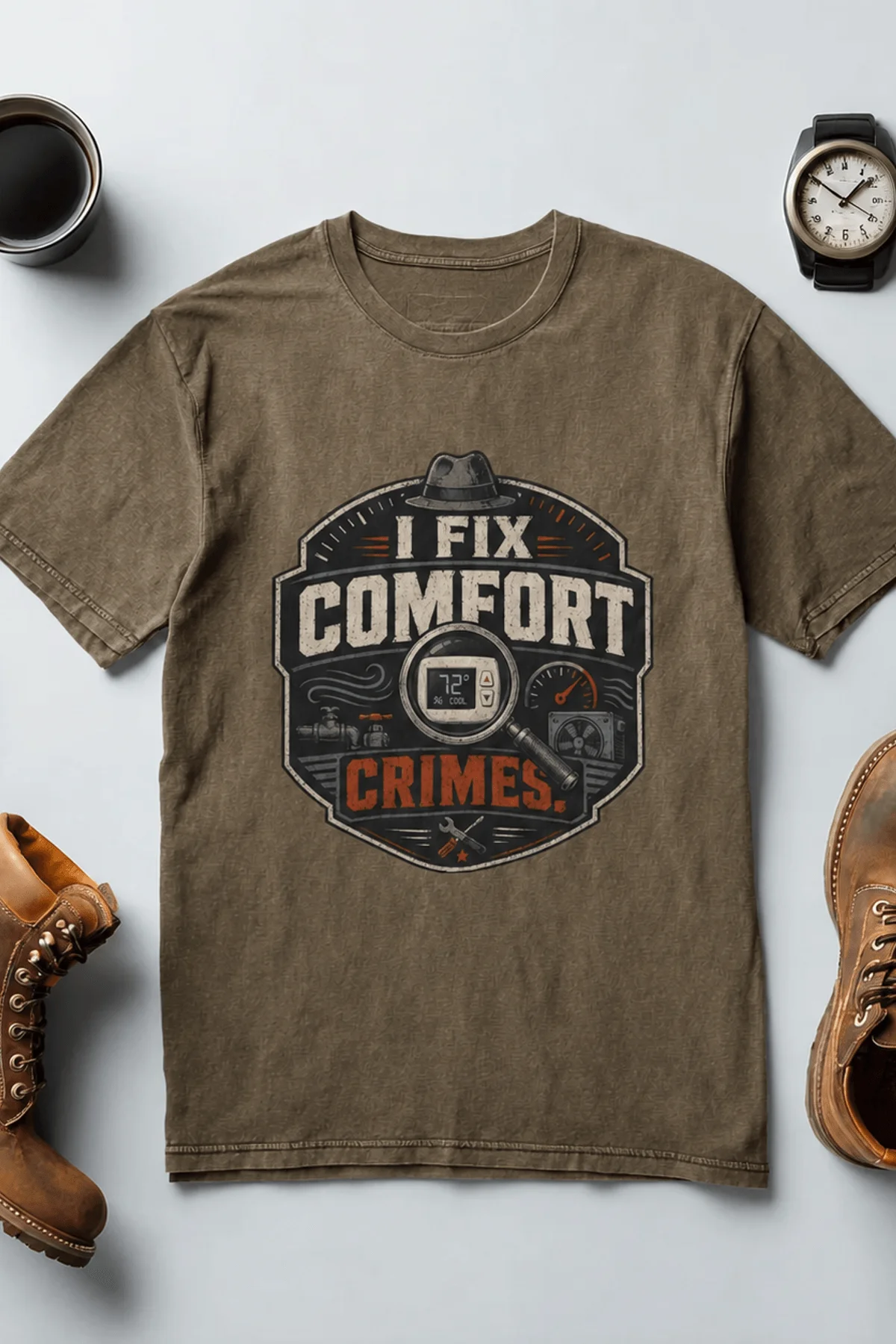 Funny HVAC Tech Tee "I Fix Comfort Crimes" — Furnace and Air Tech Work Tee — heather-olive — Flat-lay Funny HVAC Tech Tee "I Fix Comfort Crimes" — Furnace and Air Tech Work Tee — heather-olive t-shirt, flat-lay product photo | Pressure Tested Co