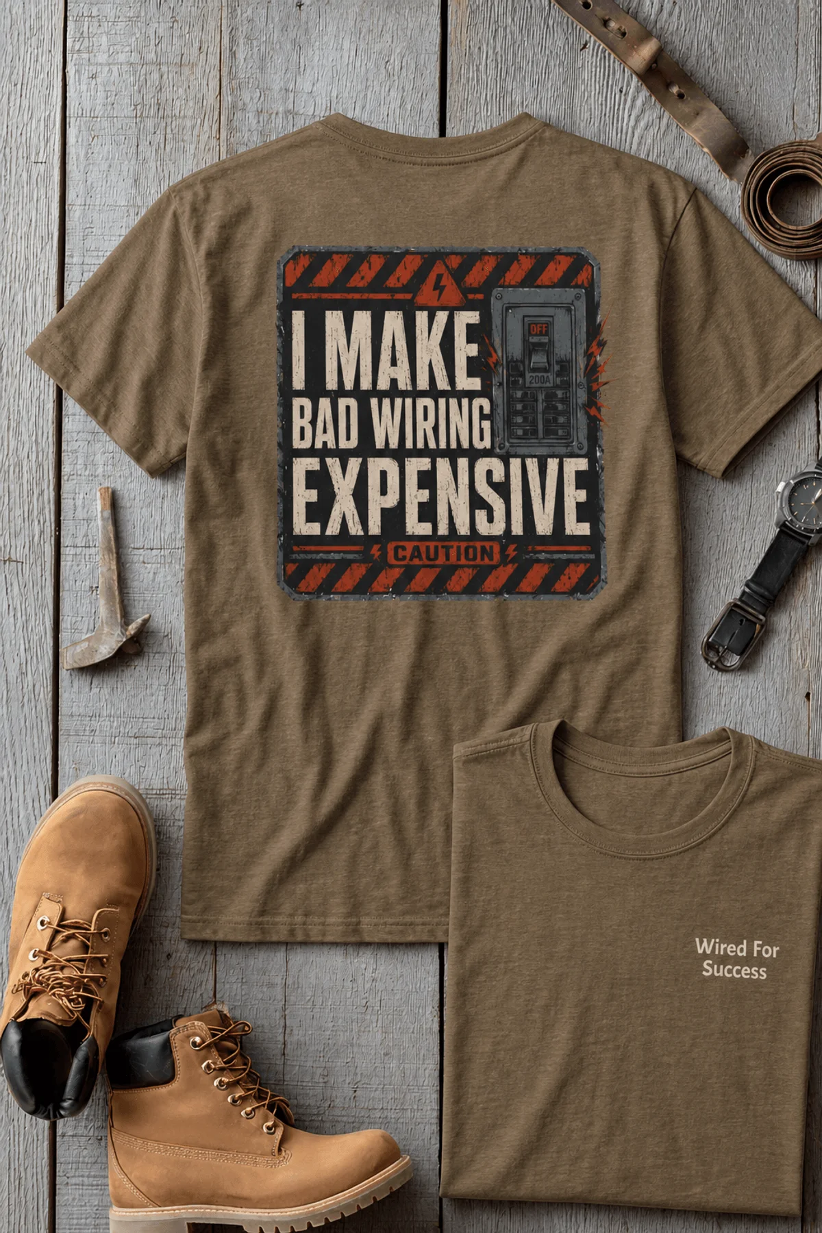 Funny Electrician Tech Tee - Back "I Make Bad Wiring Expensive" — Front "Wired For Success" Vintage Work Tee — heather-olive — Flat-lay Funny Electrician Tech Tee - Back "I Make Bad Wiring Expensive" — Front "Wired For Success" Vintage Work Tee — heather-olive t-shirt, flat-lay product photo | Pressure Tested Co