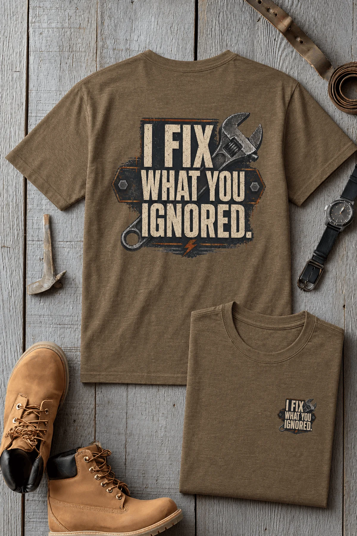 I Fix What You Ignored T-Shirt — Mechanic Wrench Tool Shirt for Technicians & DIYers — heather-olive — Flat-lay I Fix What You Ignored T-Shirt — Mechanic Wrench Tool Shirt for Technicians & DIYers — heather-olive t-shirt, flat-lay product photo | Pressure Tested Co