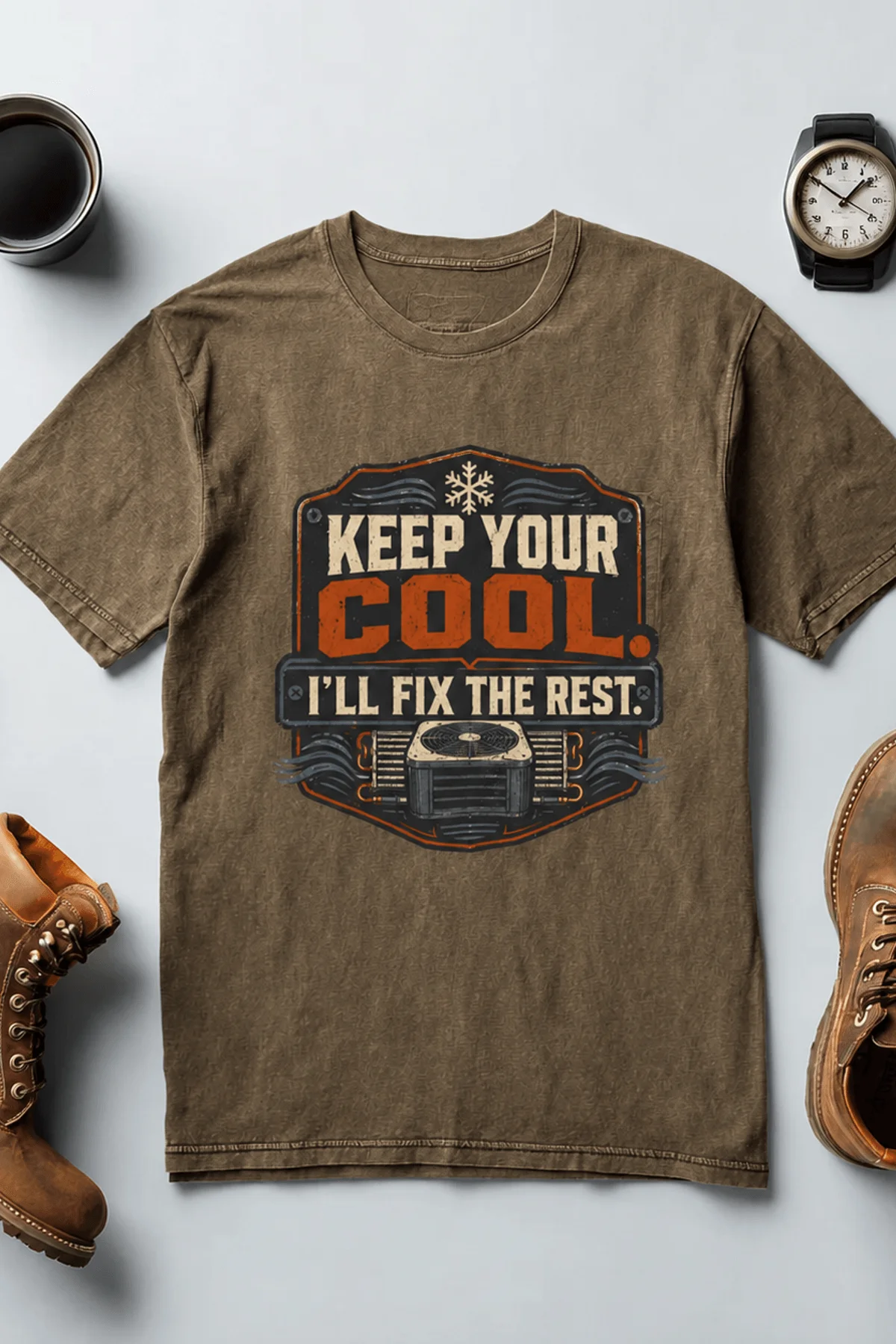 Funny HVAC Tee Shirt "Keep Your Cool. I'll Fix The Rest." T-Shirt – Vintage GraphicTee — heather-olive — Flat-lay Funny HVAC Tee Shirt "Keep Your Cool. I'll Fix The Rest." T-Shirt – Vintage GraphicTee — heather-olive t-shirt, flat-lay product photo | Pressure Tested Co