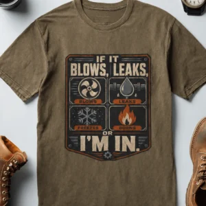 HVAC Technician T‑Shirt — "If It Blows, Leaks, Freezes or Burns I'm In" Retro Tradesmen Tee — heather-olive t-shirt, flat-lay product photo | Pressure Tested Co