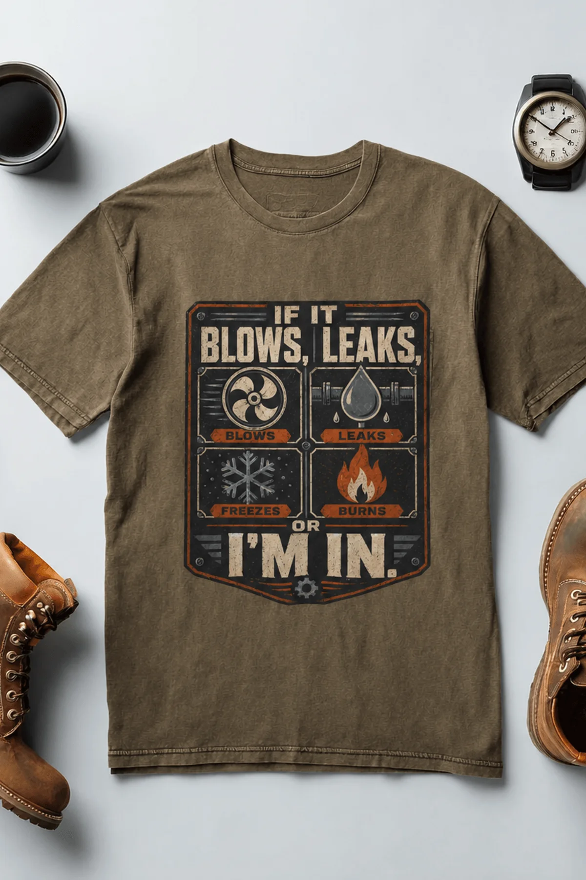 HVAC Technician T‑Shirt — "If It Blows, Leaks, Freezes or Burns I'm In" Retro Tradesmen Tee — heather-olive — Flat-lay HVAC Technician T‑Shirt — "If It Blows, Leaks, Freezes or Burns I'm In" Retro Tradesmen Tee — heather-olive t-shirt, flat-lay product photo | Pressure Tested Co