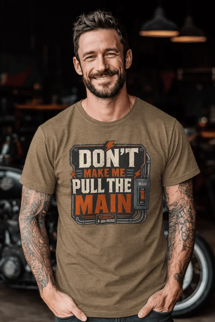Funny Electrician/Maintenance Crew Tee Shirt "Don't Make Me Pull The Main" T-Shirt – Vintage GraphicTee — heather-olive t-shirt, model photo | Pressure Tested Co