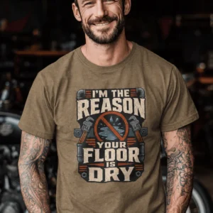 Plumber T‑Shirt – "I'm the Reason Your Floor Is Dry" Vintage Plumbing Tee — heather-olive t-shirt, model photo | Pressure Tested Co