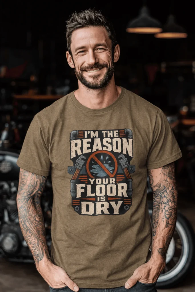 Plumber T‑Shirt – "I'm the Reason Your Floor Is Dry" Vintage Plumbing Tee — heather-olive t-shirt, model photo | Pressure Tested Co