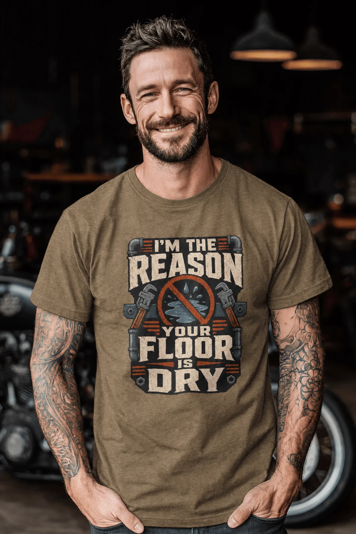 Plumber T‑Shirt – "I'm the Reason Your Floor Is Dry" Vintage Plumbing Tee — heather-olive — Model Plumber T‑Shirt – "I'm the Reason Your Floor Is Dry" Vintage Plumbing Tee — heather-olive t-shirt, model photo | Pressure Tested Co