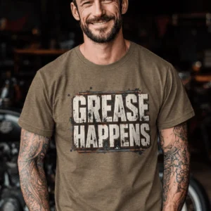 Grease Happens T-Shirt — Funny Mechanic Garage Tee — heather-olive t-shirt, model photo | Pressure Tested Co