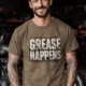 Grease Happens T-Shirt — Funny Mechanic Garage Tee — heather-olive — Model Grease Happens T-Shirt — Funny Mechanic Garage Tee — heather-olive t-shirt, model photo | Pressure Tested Co