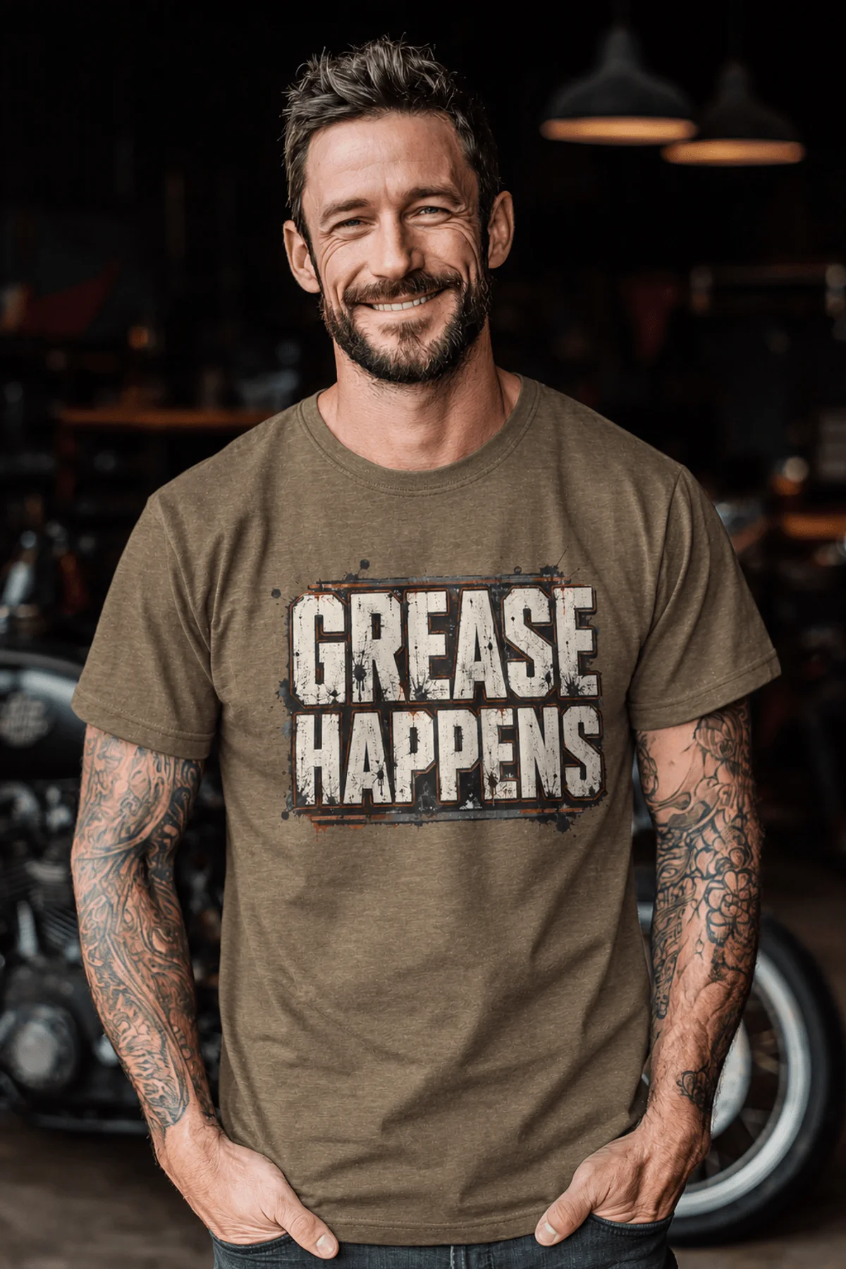 Grease Happens T-Shirt — Funny Mechanic Garage Tee — heather-olive — Model Grease Happens T-Shirt — Funny Mechanic Garage Tee — heather-olive t-shirt, model photo | Pressure Tested Co