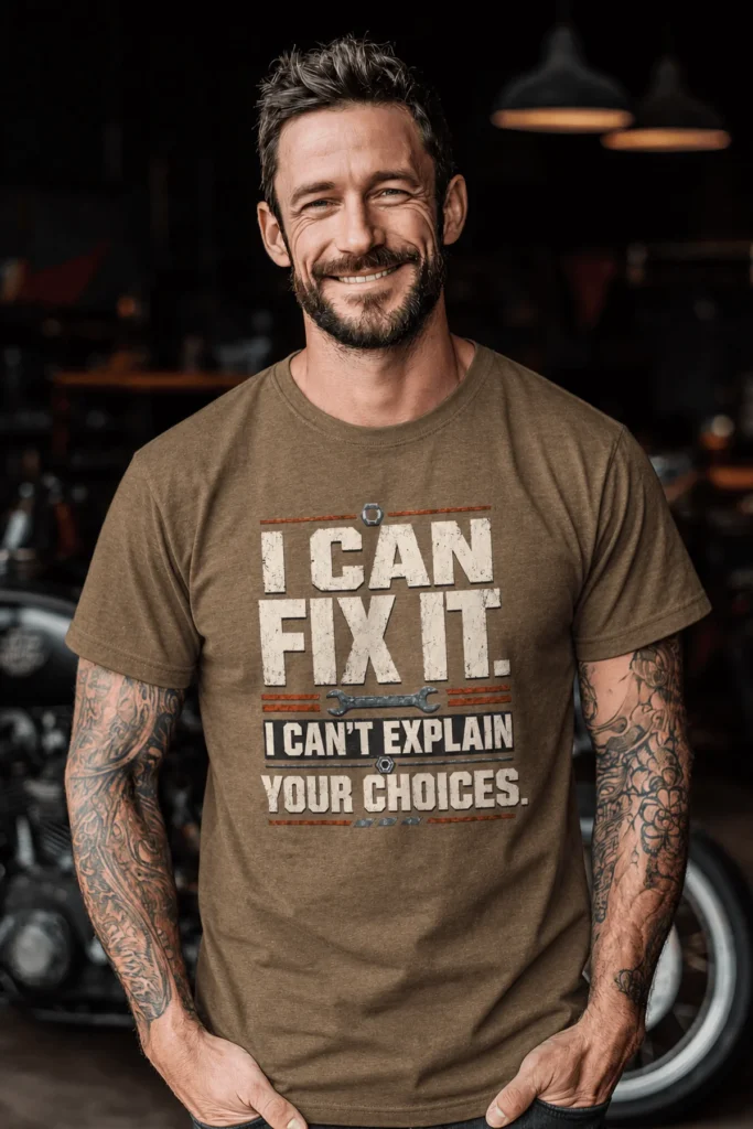 Sarcastic Mechanic T‑Shirt – "I Can Fix It. I Can't Explain Your Choices" Vintage Mechanic Shirt - DIY Repair Tee — heather-olive t-shirt, model photo | Pressure Tested Co