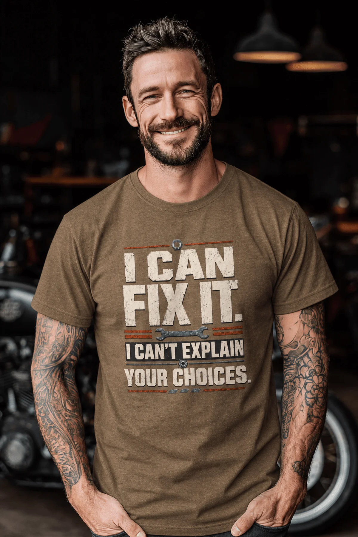 Sarcastic Mechanic T‑Shirt – "I Can Fix It. I Can't Explain Your Choices" Vintage Mechanic Shirt - DIY Repair Tee — heather-olive t-shirt, model photo | Pressure Tested Co