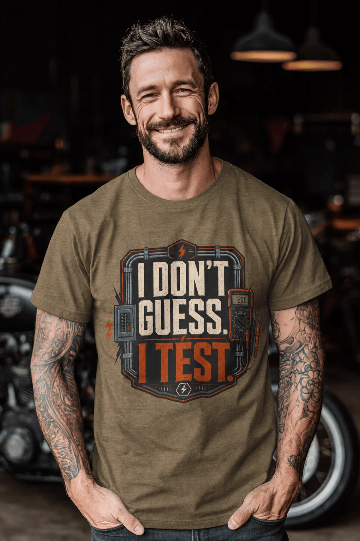 I Don't Guess I Test T-Shirt — Funny Tech Tee for Engineers and Electricians — heather-olive — Model I Don't Guess I Test T-Shirt — Funny Tech Tee for Engineers and Electricians — heather-olive t-shirt, model photo | Pressure Tested Co
