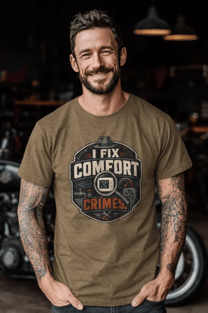 Funny HVAC Tech Tee "I Fix Comfort Crimes" — Furnace and Air Tech Work Tee — heather-olive t-shirt, model photo | Pressure Tested Co