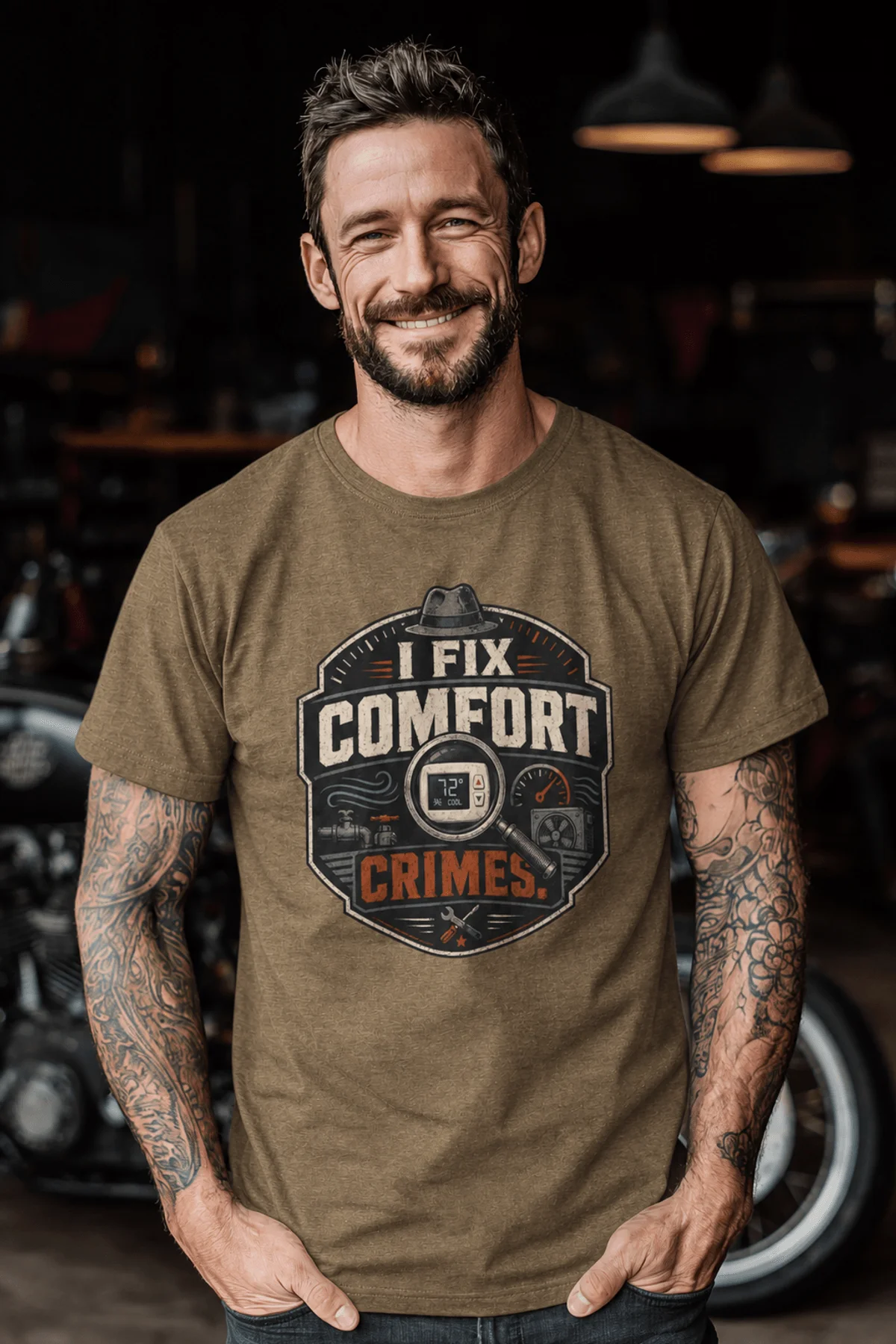 Funny HVAC Tech Tee "I Fix Comfort Crimes" — Furnace and Air Tech Work Tee — heather-olive — Model Funny HVAC Tech Tee "I Fix Comfort Crimes" — Furnace and Air Tech Work Tee — heather-olive t-shirt, model photo | Pressure Tested Co