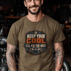 Funny HVAC Tee Shirt "Keep Your Cool. I'll Fix The Rest." T-Shirt – Vintage GraphicTee — heather-olive t-shirt, model photo | Pressure Tested Co