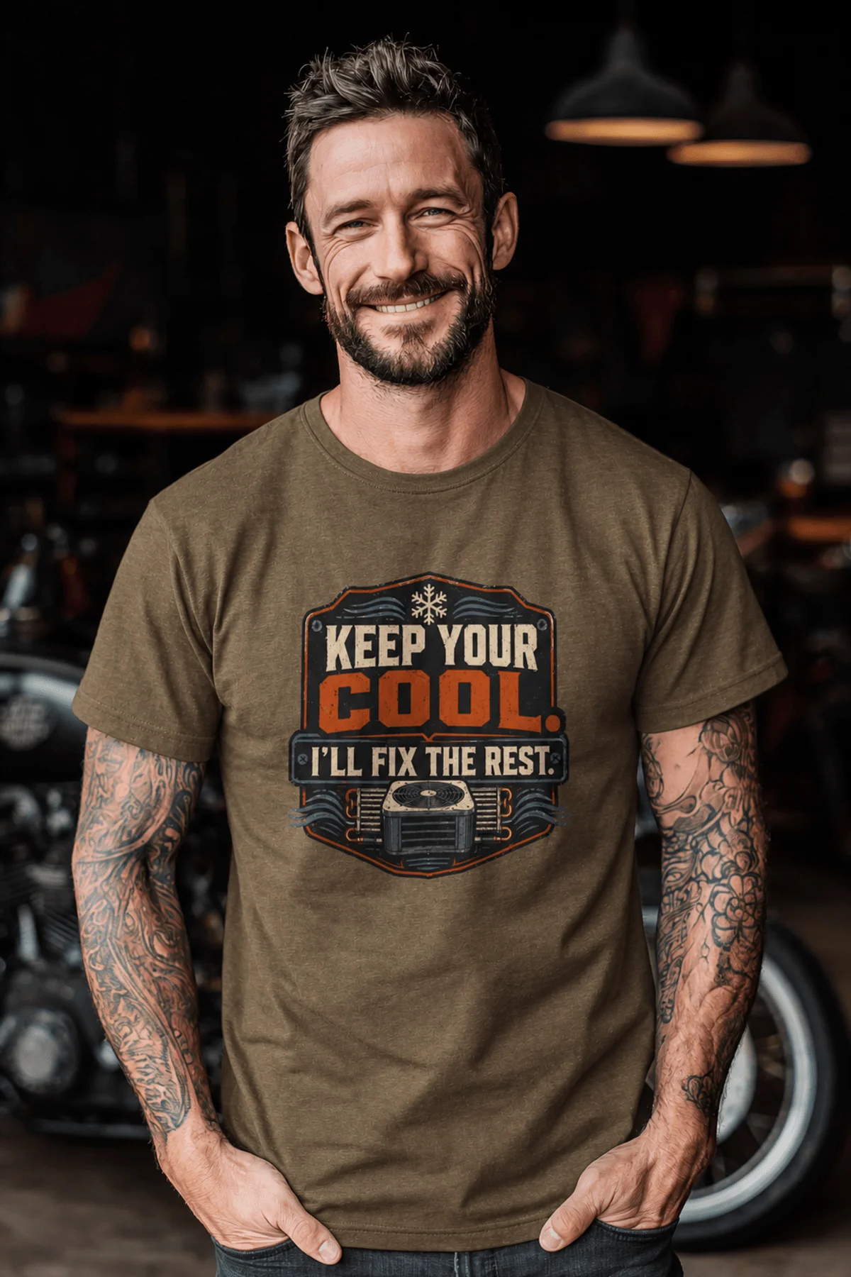 Funny HVAC Tee Shirt "Keep Your Cool. I'll Fix The Rest." T-Shirt – Vintage GraphicTee — heather-olive — Model Funny HVAC Tee Shirt "Keep Your Cool. I'll Fix The Rest." T-Shirt – Vintage GraphicTee — heather-olive t-shirt, model photo | Pressure Tested Co