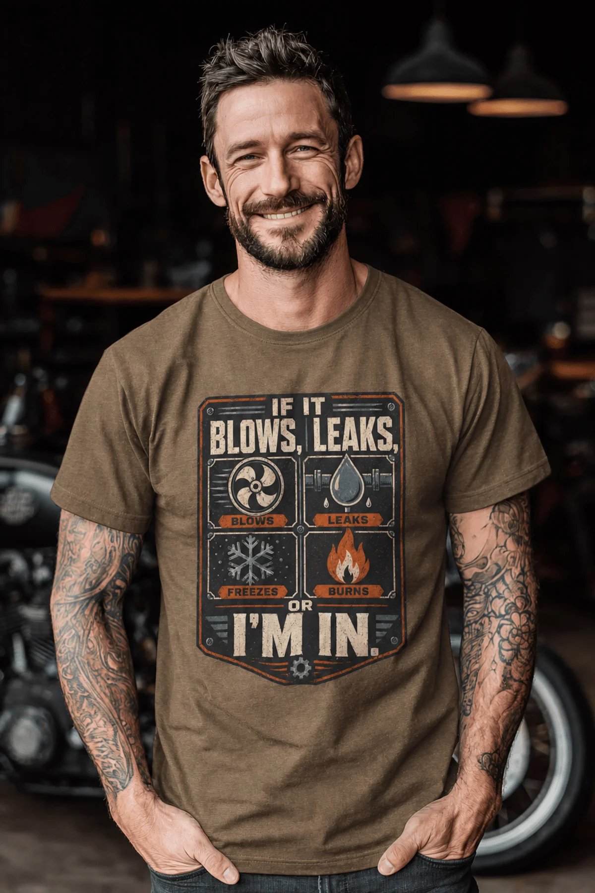 HVAC Technician T‑Shirt — "If It Blows, Leaks, Freezes or Burns I'm In" Retro Tradesmen Tee — heather-olive — Model HVAC Technician T‑Shirt — "If It Blows, Leaks, Freezes or Burns I'm In" Retro Tradesmen Tee — heather-olive t-shirt, model photo | Pressure Tested Co