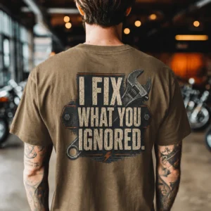 I Fix What You Ignored T-Shirt — Mechanic Wrench Tool Shirt for Technicians & DIYers — heather-olive t-shirt, model photo | Pressure Tested Co