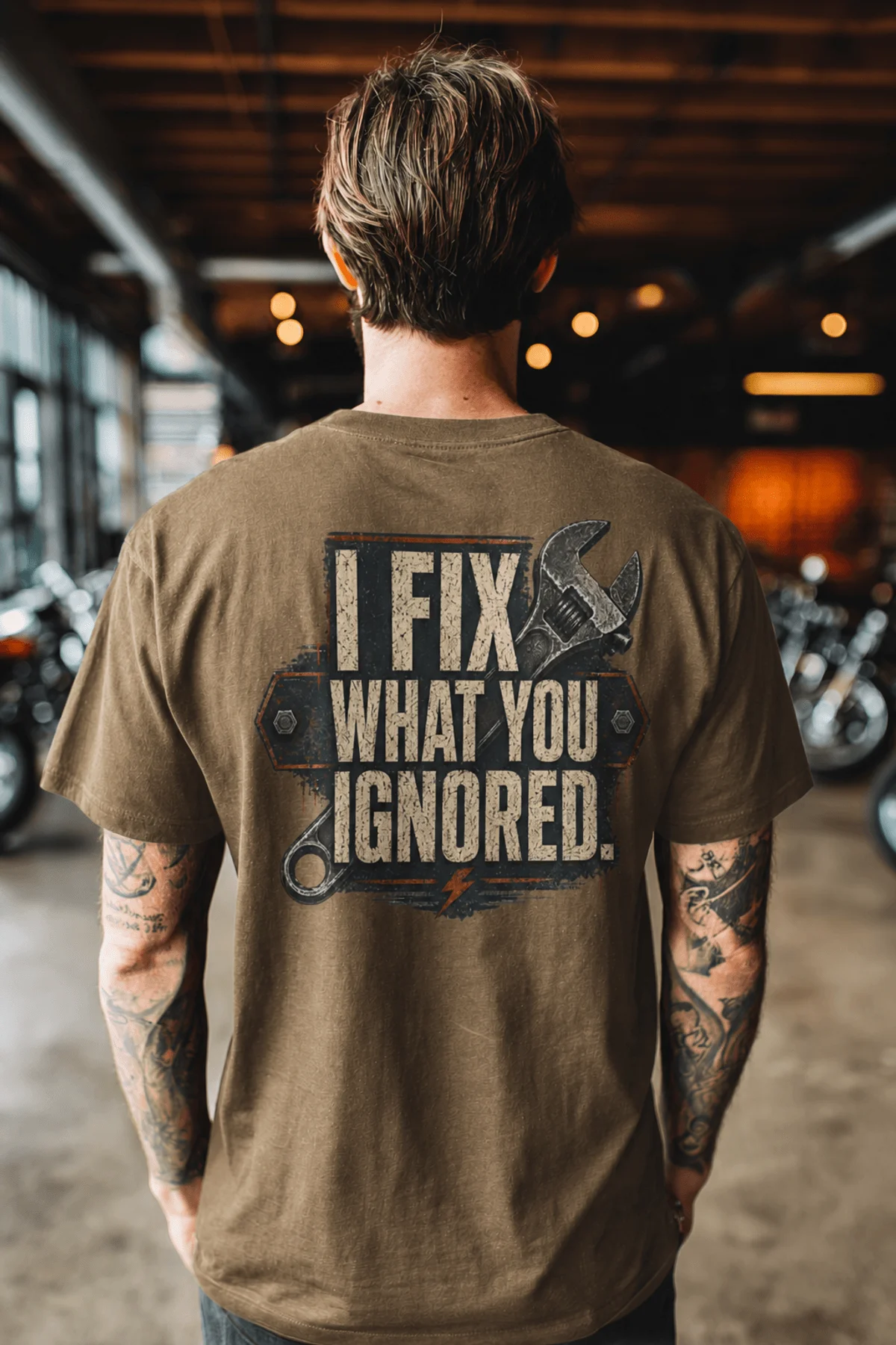 I Fix What You Ignored T-Shirt — Mechanic Wrench Tool Shirt for Technicians & DIYers — heather-olive — Model I Fix What You Ignored T-Shirt — Mechanic Wrench Tool Shirt for Technicians & DIYers — heather-olive t-shirt, model photo | Pressure Tested Co