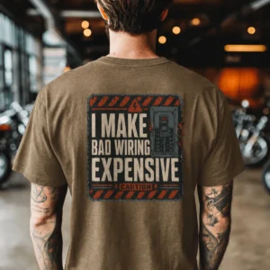 Funny Electrician Tech Tee - Back "I Make Bad Wiring Expensive" — Front "Wired For Success" Vintage Work Tee — heather-olive t-shirt, model photo | Pressure Tested Co
