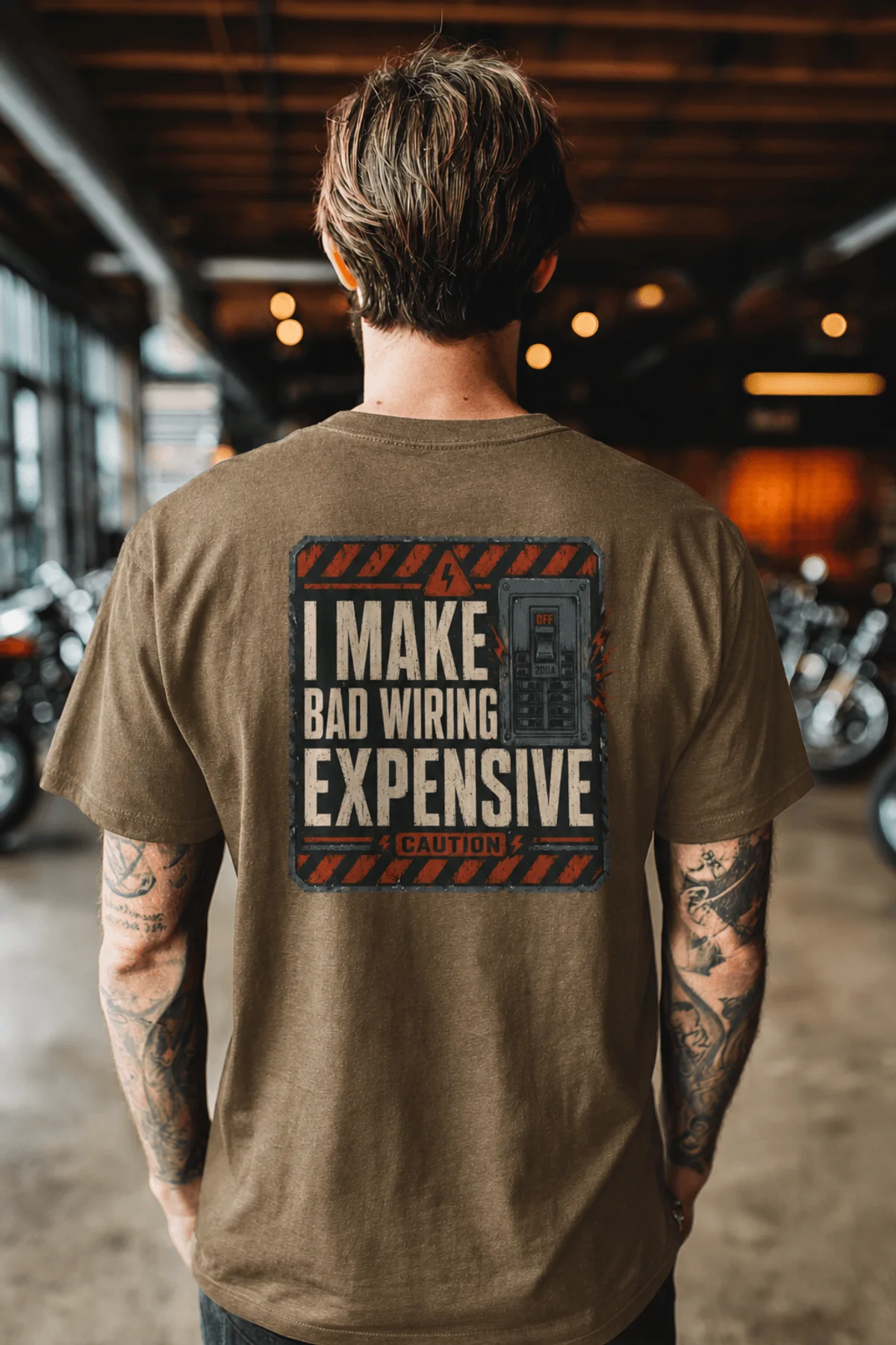 Funny Electrician Tech Tee - Back "I Make Bad Wiring Expensive" — Front "Wired For Success" Vintage Work Tee — heather-olive — Model Funny Electrician Tech Tee - Back "I Make Bad Wiring Expensive" — Front "Wired For Success" Vintage Work Tee — heather-olive t-shirt, model photo | Pressure Tested Co