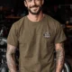 I Fix What You Ignored T-Shirt — Mechanic Wrench Tool Shirt for Technicians & DIYers — heather-olive — Model I Fix What You Ignored T-Shirt — Mechanic Wrench Tool Shirt for Technicians & DIYers — heather-olive t-shirt, model photo | Pressure Tested Co