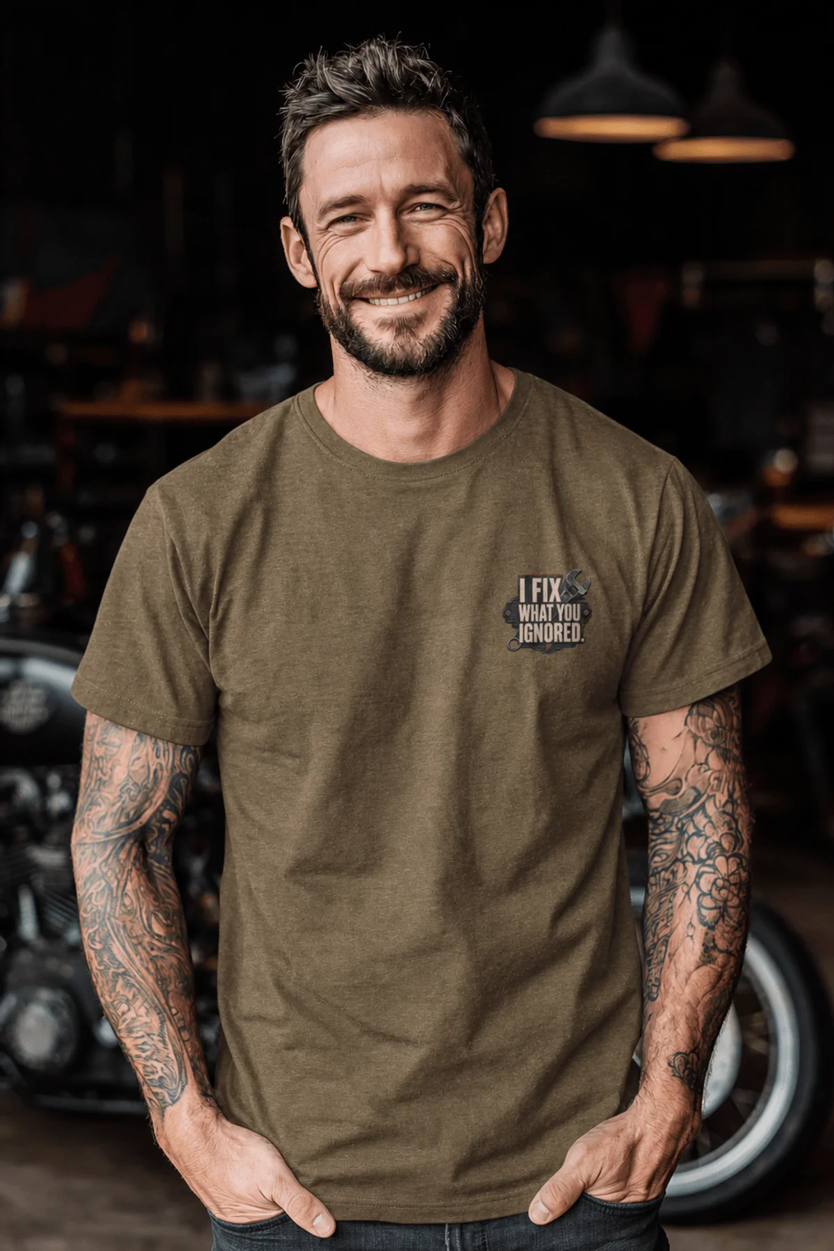 I Fix What You Ignored T-Shirt — Mechanic Wrench Tool Shirt for Technicians & DIYers — heather-olive — Model I Fix What You Ignored T-Shirt — Mechanic Wrench Tool Shirt for Technicians & DIYers — heather-olive t-shirt, model photo | Pressure Tested Co