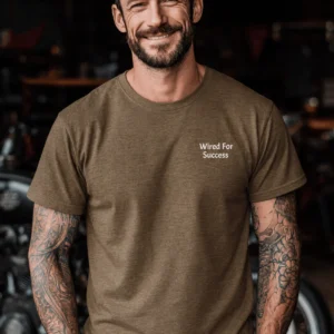 Funny Electrician Tech Tee - Back "I Make Bad Wiring Expensive" — Front "Wired For Success" Vintage Work Tee — heather-olive t-shirt, model photo | Pressure Tested Co