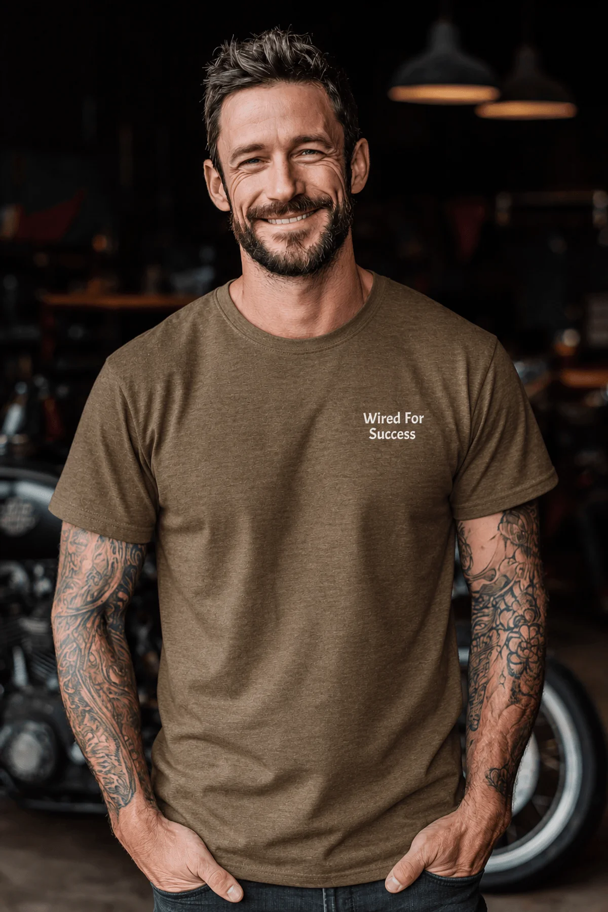 Funny Electrician Tech Tee - Back "I Make Bad Wiring Expensive" — Front "Wired For Success" Vintage Work Tee — heather-olive — Model Funny Electrician Tech Tee - Back "I Make Bad Wiring Expensive" — Front "Wired For Success" Vintage Work Tee — heather-olive t-shirt, model photo | Pressure Tested Co