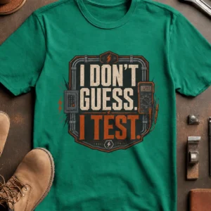 I Don't Guess I Test T-Shirt — Funny Tech Tee for Engineers and Electricians — kelly t-shirt, flat-lay product photo | Pressure Tested Co