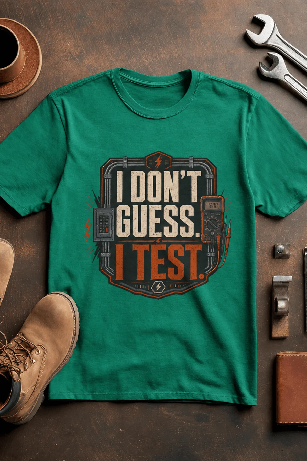 I Don't Guess I Test T-Shirt — Funny Tech Tee for Engineers and Electricians — kelly — Flat-lay I Don't Guess I Test T-Shirt — Funny Tech Tee for Engineers and Electricians — kelly t-shirt, flat-lay product photo | Pressure Tested Co