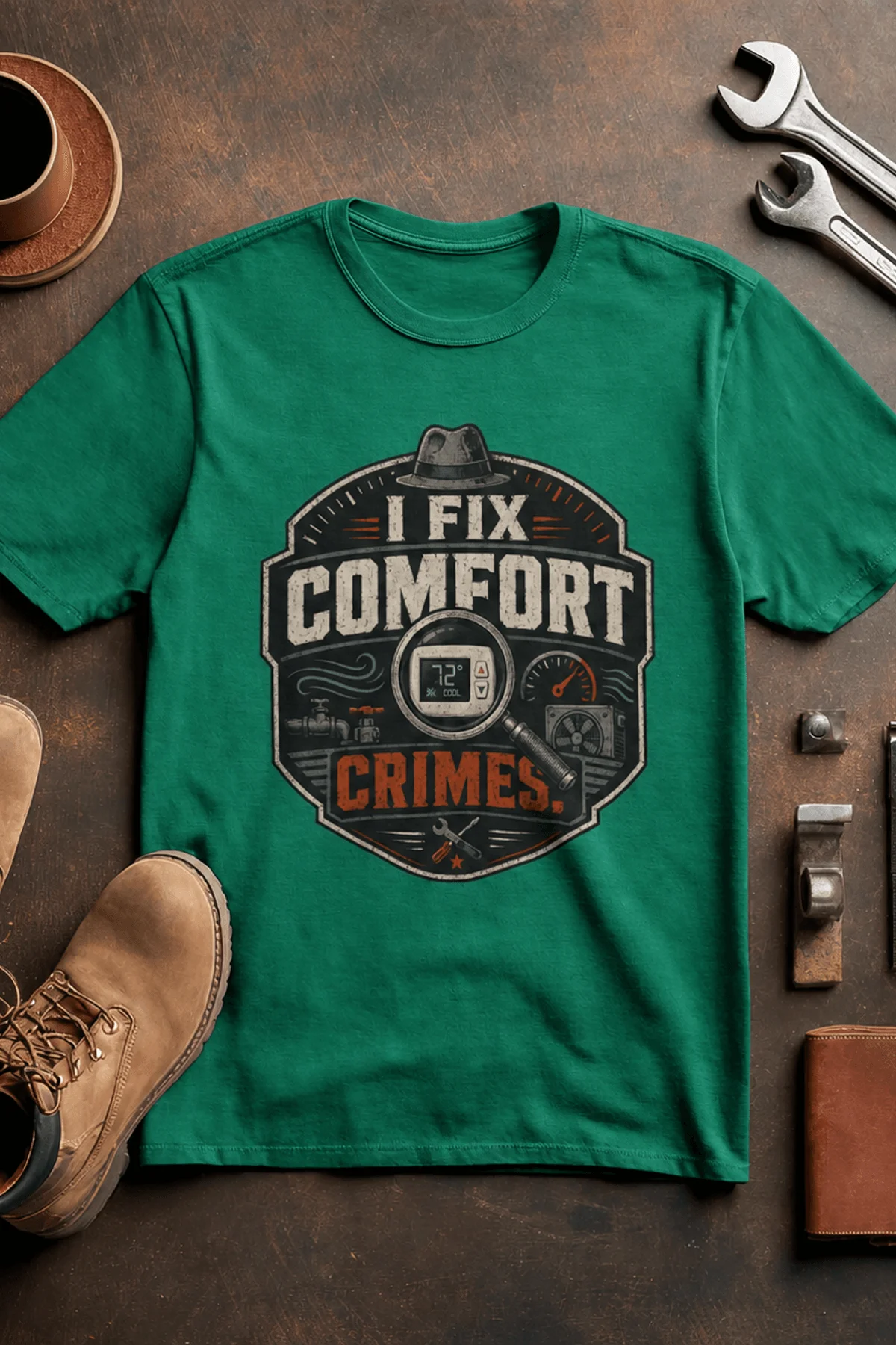 Funny HVAC Tech Tee "I Fix Comfort Crimes" — Furnace and Air Tech Work Tee — kelly — Flat-lay Funny HVAC Tech Tee "I Fix Comfort Crimes" — Furnace and Air Tech Work Tee — kelly t-shirt, flat-lay product photo | Pressure Tested Co