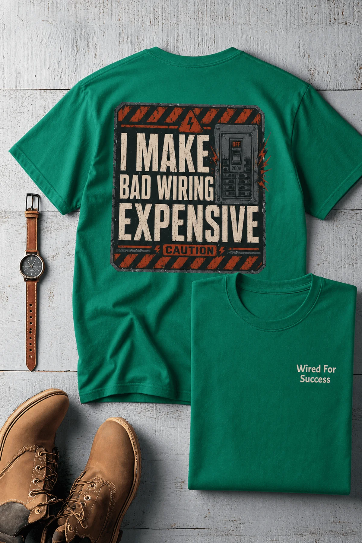 Funny Electrician Tech Tee - Back "I Make Bad Wiring Expensive" — Front "Wired For Success" Vintage Work Tee — kelly — Flat-lay Funny Electrician Tech Tee - Back "I Make Bad Wiring Expensive" — Front "Wired For Success" Vintage Work Tee — kelly t-shirt, flat-lay product photo | Pressure Tested Co