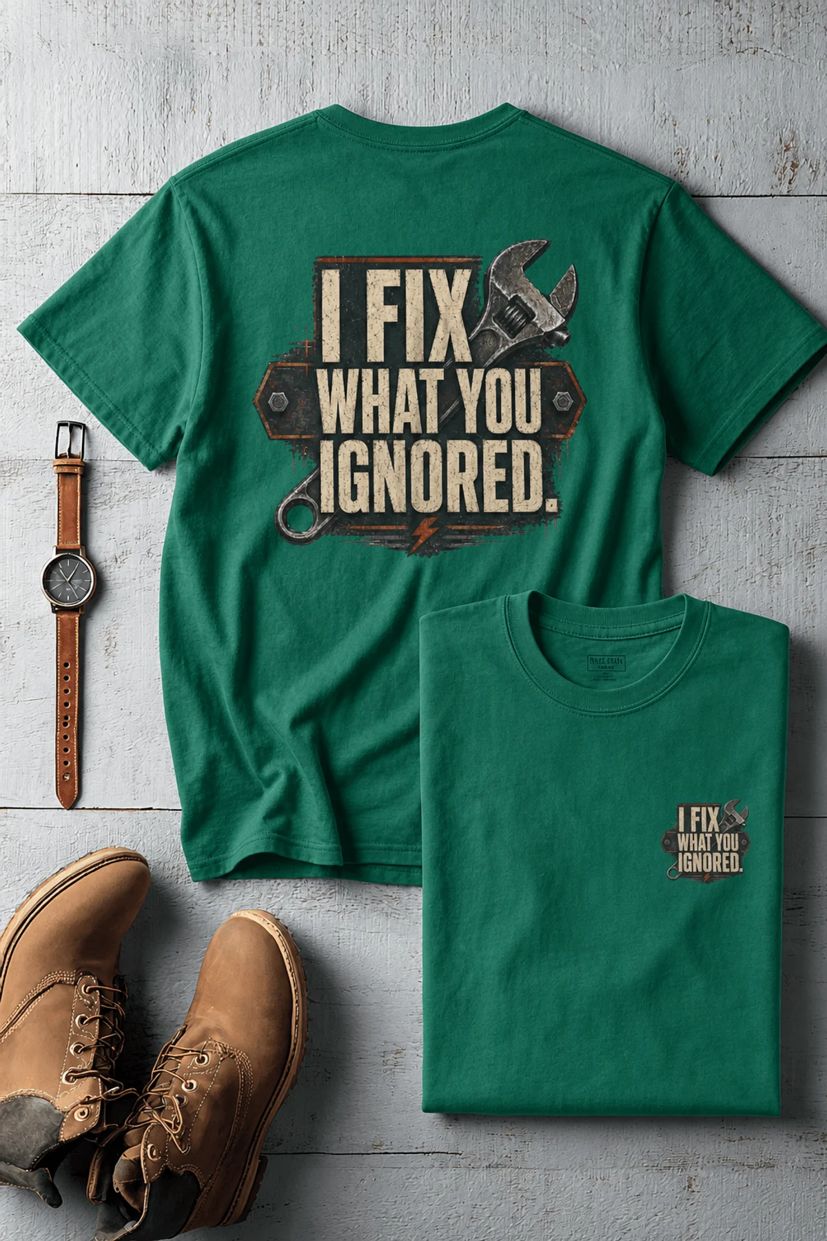 I Fix What You Ignored T-Shirt — Mechanic Wrench Tool Shirt for Technicians & DIYers — kelly — Flat-lay I Fix What You Ignored T-Shirt — Mechanic Wrench Tool Shirt for Technicians & DIYers — kelly t-shirt, flat-lay product photo | Pressure Tested Co