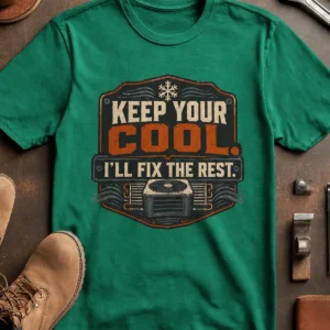 Funny HVAC Tee Shirt "Keep Your Cool. I'll Fix The Rest." T-Shirt – Vintage GraphicTee — kelly t-shirt, flat-lay product photo | Pressure Tested Co