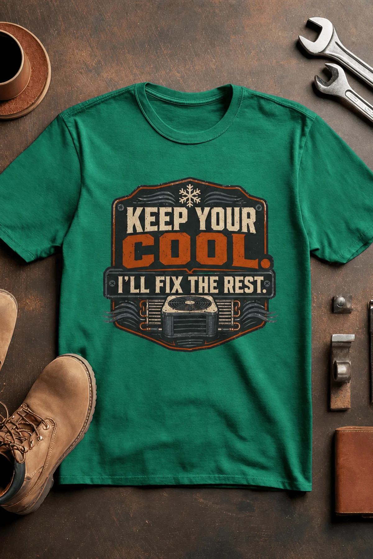 Funny HVAC Tee Shirt "Keep Your Cool. I'll Fix The Rest." T-Shirt – Vintage GraphicTee — kelly — Flat-lay Funny HVAC Tee Shirt "Keep Your Cool. I'll Fix The Rest." T-Shirt – Vintage GraphicTee — kelly t-shirt, flat-lay product photo | Pressure Tested Co