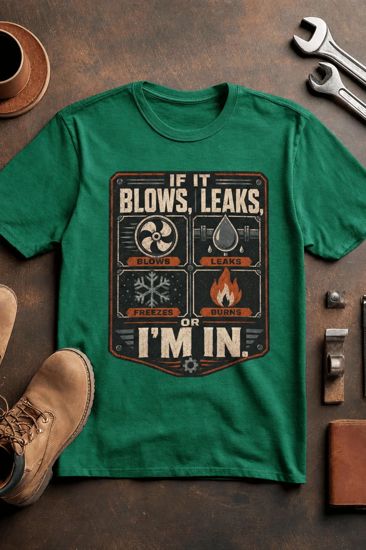 HVAC Technician T‑Shirt — "If It Blows, Leaks, Freezes or Burns I'm In" Retro Tradesmen Tee — kelly — Flat-lay HVAC Technician T‑Shirt — "If It Blows, Leaks, Freezes or Burns I'm In" Retro Tradesmen Tee — kelly t-shirt, flat-lay product photo | Pressure Tested Co