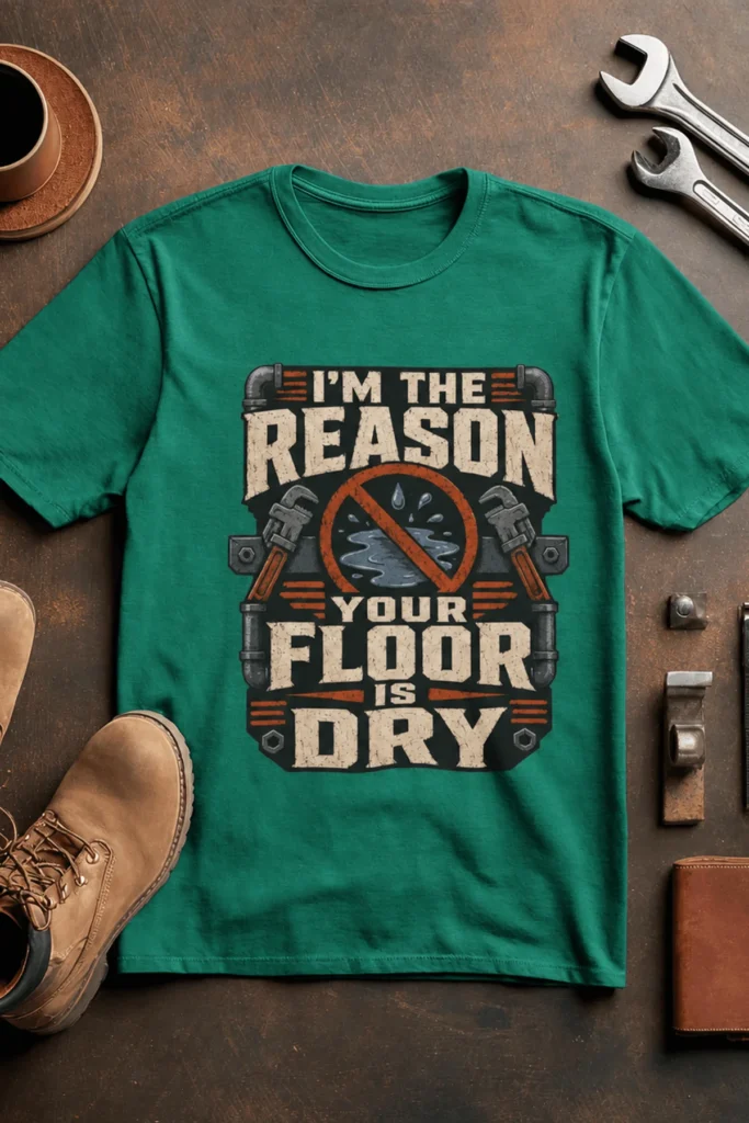 Plumber T‑Shirt – "I'm the Reason Your Floor Is Dry" Vintage Plumbing Tee — kelly t-shirt, flat-lay product photo | Pressure Tested Co