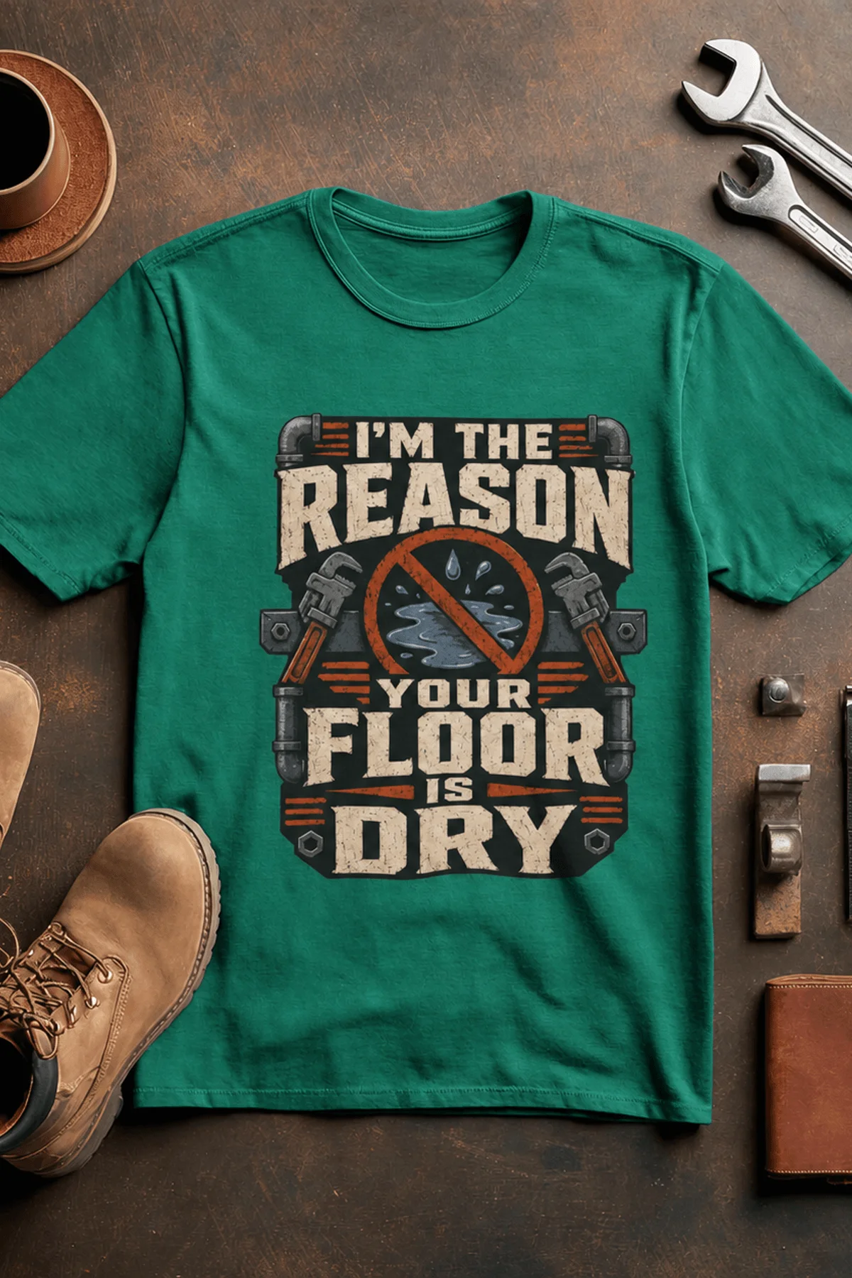 Plumber T‑Shirt – "I'm the Reason Your Floor Is Dry" Vintage Plumbing Tee — kelly — Flat-lay Plumber T‑Shirt – "I'm the Reason Your Floor Is Dry" Vintage Plumbing Tee — kelly t-shirt, flat-lay product photo | Pressure Tested Co