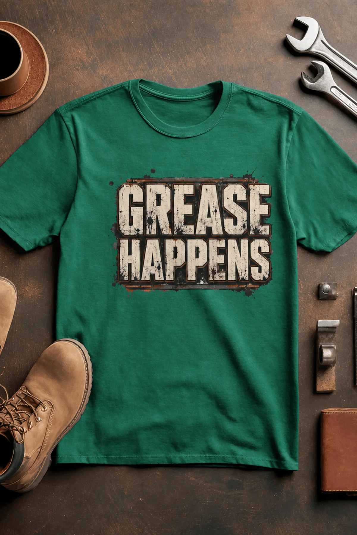 Grease Happens T-Shirt — Funny Mechanic Garage Tee — kelly — Flat-lay Grease Happens T-Shirt — Funny Mechanic Garage Tee — kelly t-shirt, flat-lay product photo | Pressure Tested Co
