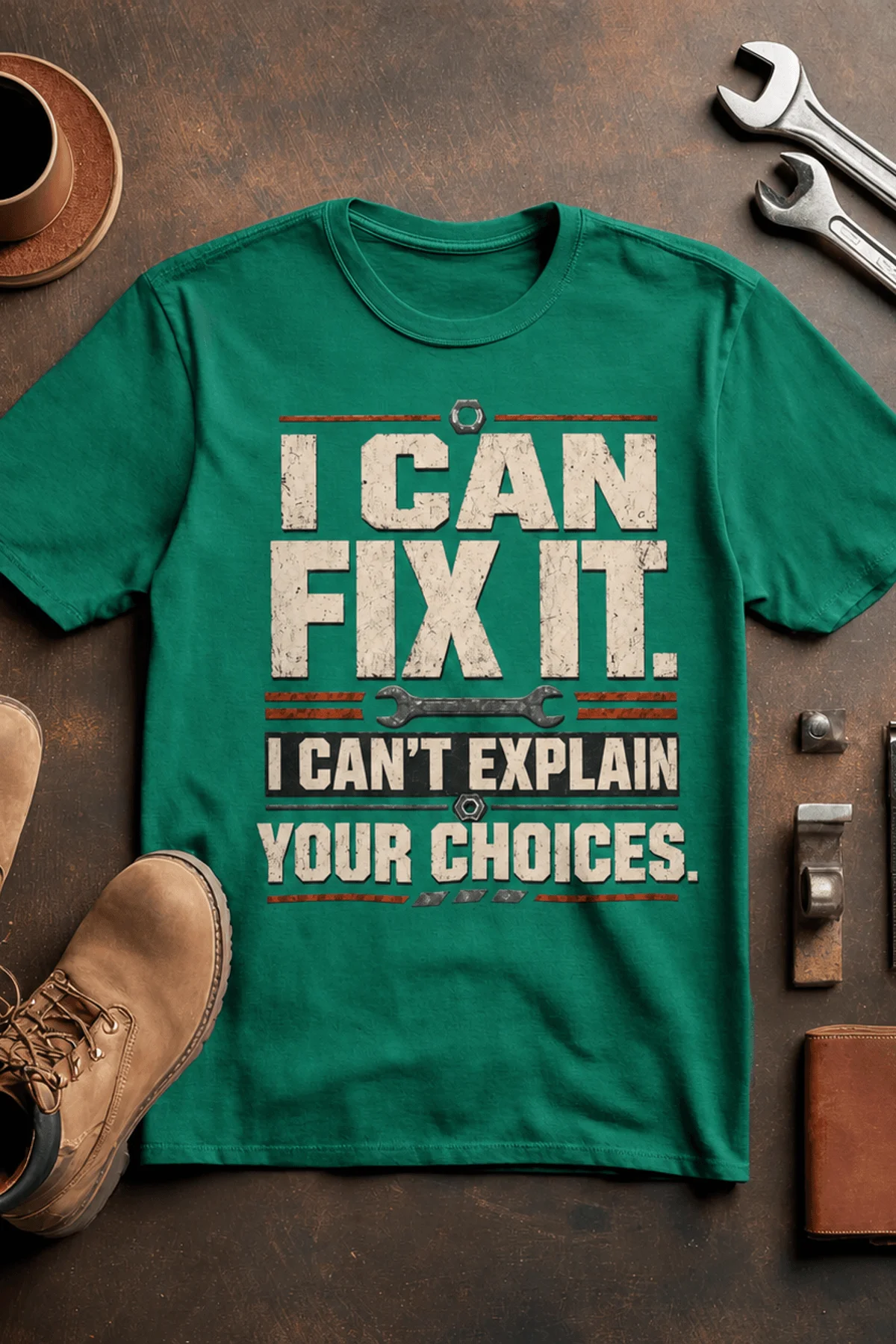 Sarcastic Mechanic T‑Shirt – "I Can Fix It. I Can't Explain Your Choices" Vintage Mechanic Shirt - DIY Repair Tee — kelly t-shirt, flat-lay product photo | Pressure Tested Co