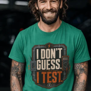 I Don't Guess I Test T-Shirt — Funny Tech Tee for Engineers and Electricians — kelly t-shirt, model photo | Pressure Tested Co