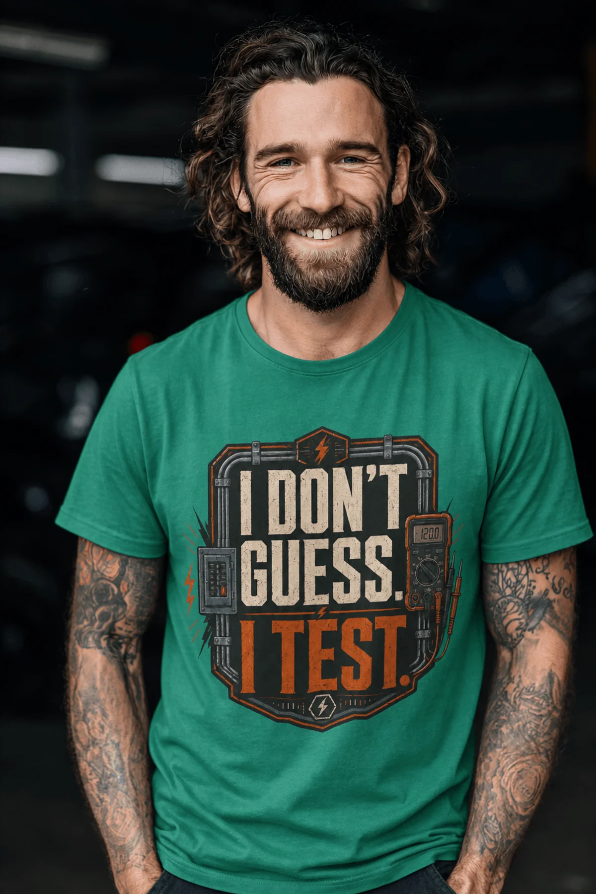 I Don't Guess I Test T-Shirt — Funny Tech Tee for Engineers and Electricians — kelly — Model I Don't Guess I Test T-Shirt — Funny Tech Tee for Engineers and Electricians — kelly t-shirt, model photo | Pressure Tested Co