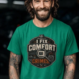 Funny HVAC Tech Tee "I Fix Comfort Crimes" — Furnace and Air Tech Work Tee — kelly t-shirt, model photo | Pressure Tested Co