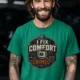 Funny HVAC Tech Tee "I Fix Comfort Crimes" — Furnace and Air Tech Work Tee — kelly — Model Funny HVAC Tech Tee "I Fix Comfort Crimes" — Furnace and Air Tech Work Tee — kelly t-shirt, model photo | Pressure Tested Co