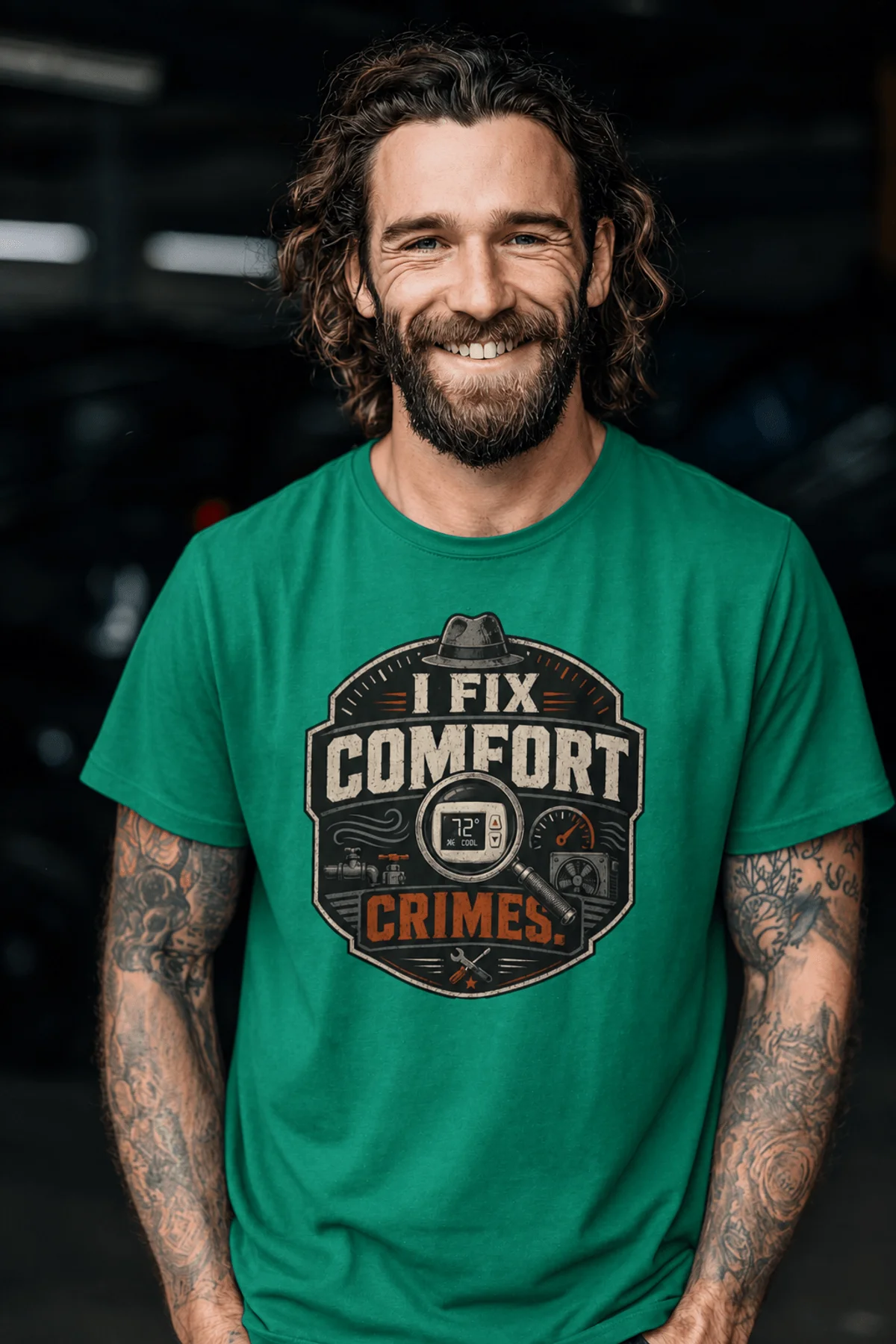 Funny HVAC Tech Tee "I Fix Comfort Crimes" — Furnace and Air Tech Work Tee — kelly — Model Funny HVAC Tech Tee "I Fix Comfort Crimes" — Furnace and Air Tech Work Tee — kelly t-shirt, model photo | Pressure Tested Co