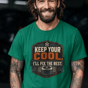 Funny HVAC Tee Shirt "Keep Your Cool. I'll Fix The Rest." T-Shirt – Vintage GraphicTee — kelly t-shirt, model photo | Pressure Tested Co