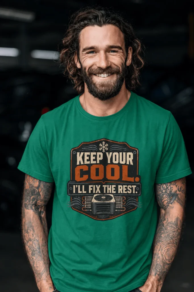 Funny HVAC Tee Shirt "Keep Your Cool. I'll Fix The Rest." T-Shirt – Vintage GraphicTee — kelly t-shirt, model photo | Pressure Tested Co