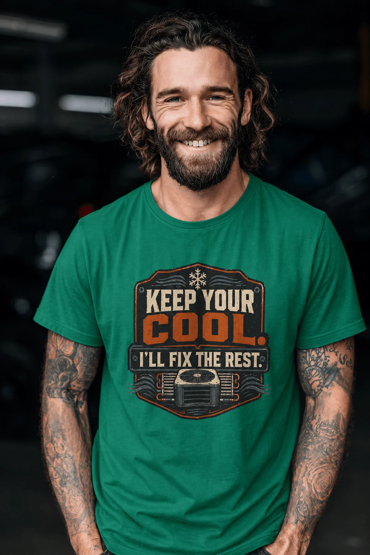 Funny HVAC Tee Shirt "Keep Your Cool. I'll Fix The Rest." T-Shirt – Vintage GraphicTee — kelly — Model Funny HVAC Tee Shirt "Keep Your Cool. I'll Fix The Rest." T-Shirt – Vintage GraphicTee — kelly t-shirt, model photo | Pressure Tested Co